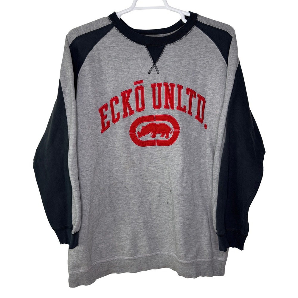 VTG Y2K‎ Ecko Unltd. Sweatshirt Men's Large Spell Out Crew Neck Gray Distressed